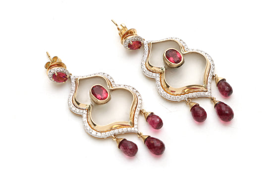 Natural Tourmaline Oval & Drops Cut and Crystal Carving 14K gold earrings front view - NFJSD-1057