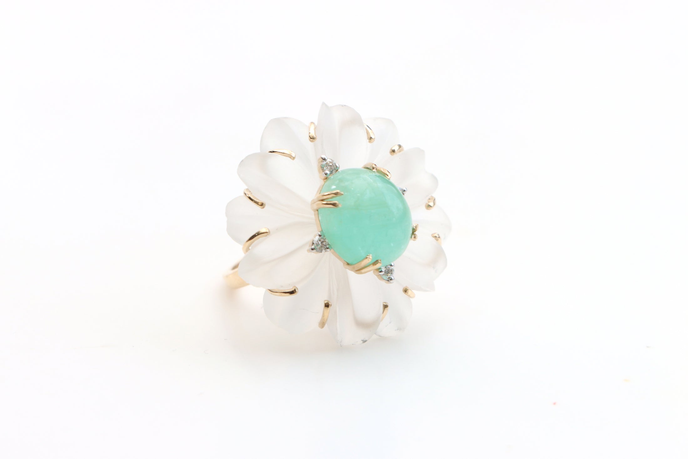 Natural Emerald Oval Cabs and Crystal Carving Flower 14K gold ring front view - NFJSD-1115