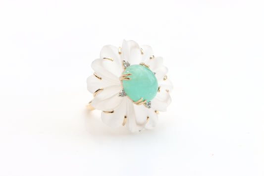 Natural Emerald Oval Cabs and Crystal Carving Flower 14K gold ring front view - NFJSD-1115