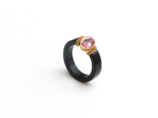 Natural Black Onyx and Tourmaline Mix 14K gold ring front view - NFJSD-1665