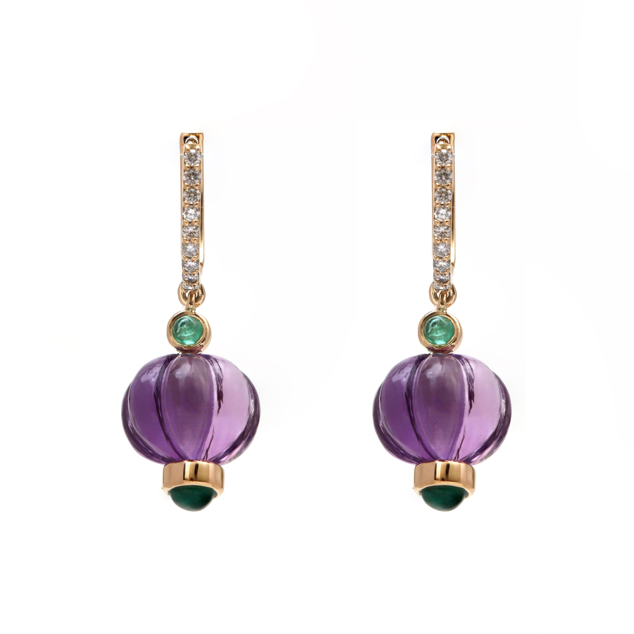 Natural Amethyst Carving and Emerald 18K gold earrings close-up detail - NFJSD-1757