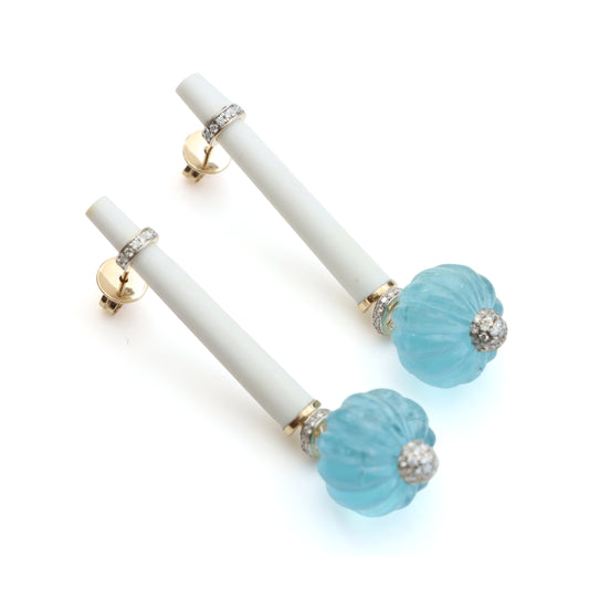 Natural Aquamarine Carving Balls and White Agate Tube 14K gold earrings front view - NFJSD-1114
