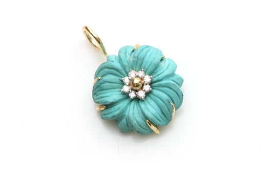 Natural Turquoise Flower Carving 14K gold charm front view - NFJSD-1233