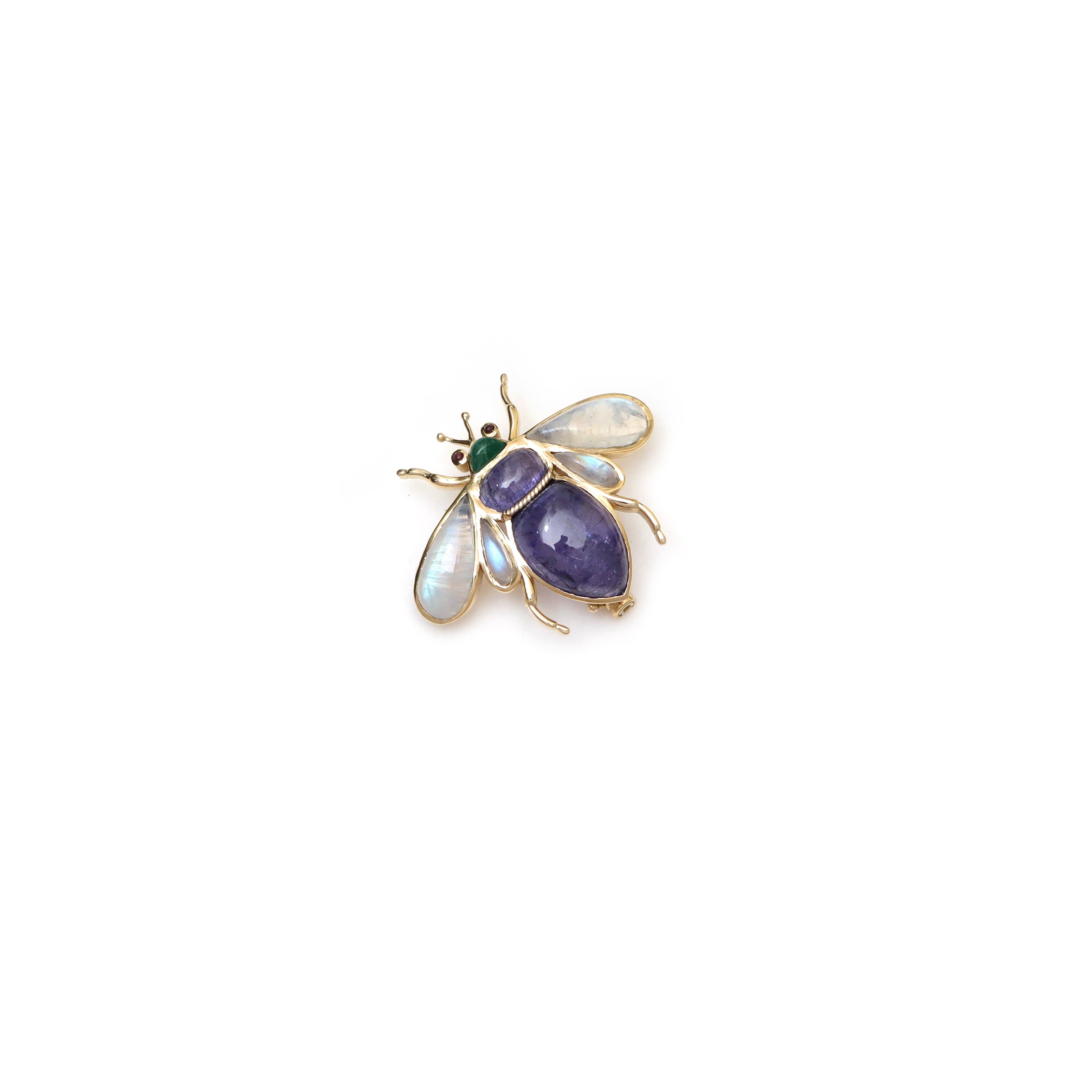 Natural Tanzanite and Rainbow Moonstone 14K gold brooch front view - NFJSD-1998