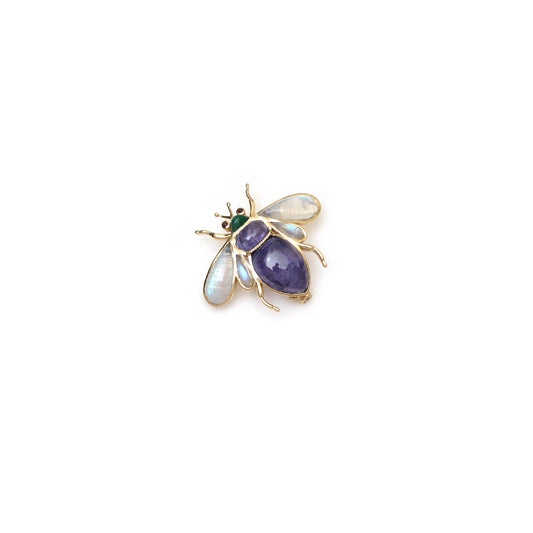 Natural Tanzanite and Rainbow Moonstone 14K gold brooch front view - NFJSD-1998