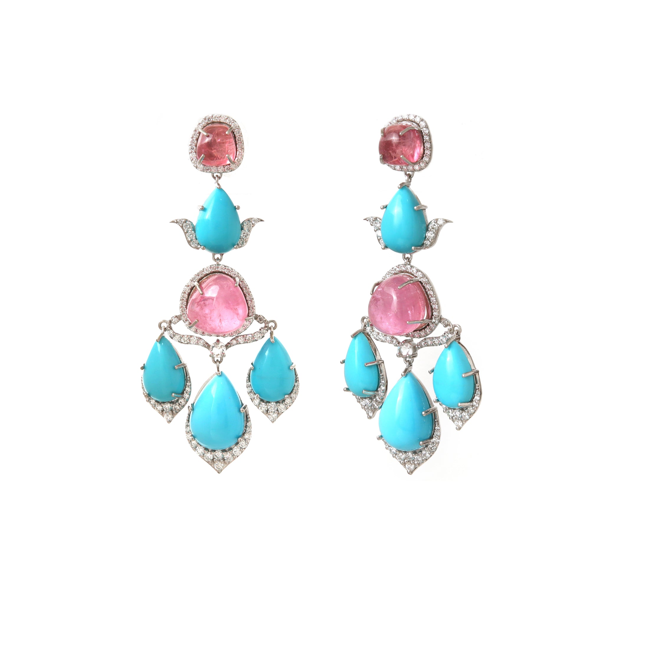 Natural Turquoise and Tourmaline 18K gold earrings close-up detail - NFJSD-1952