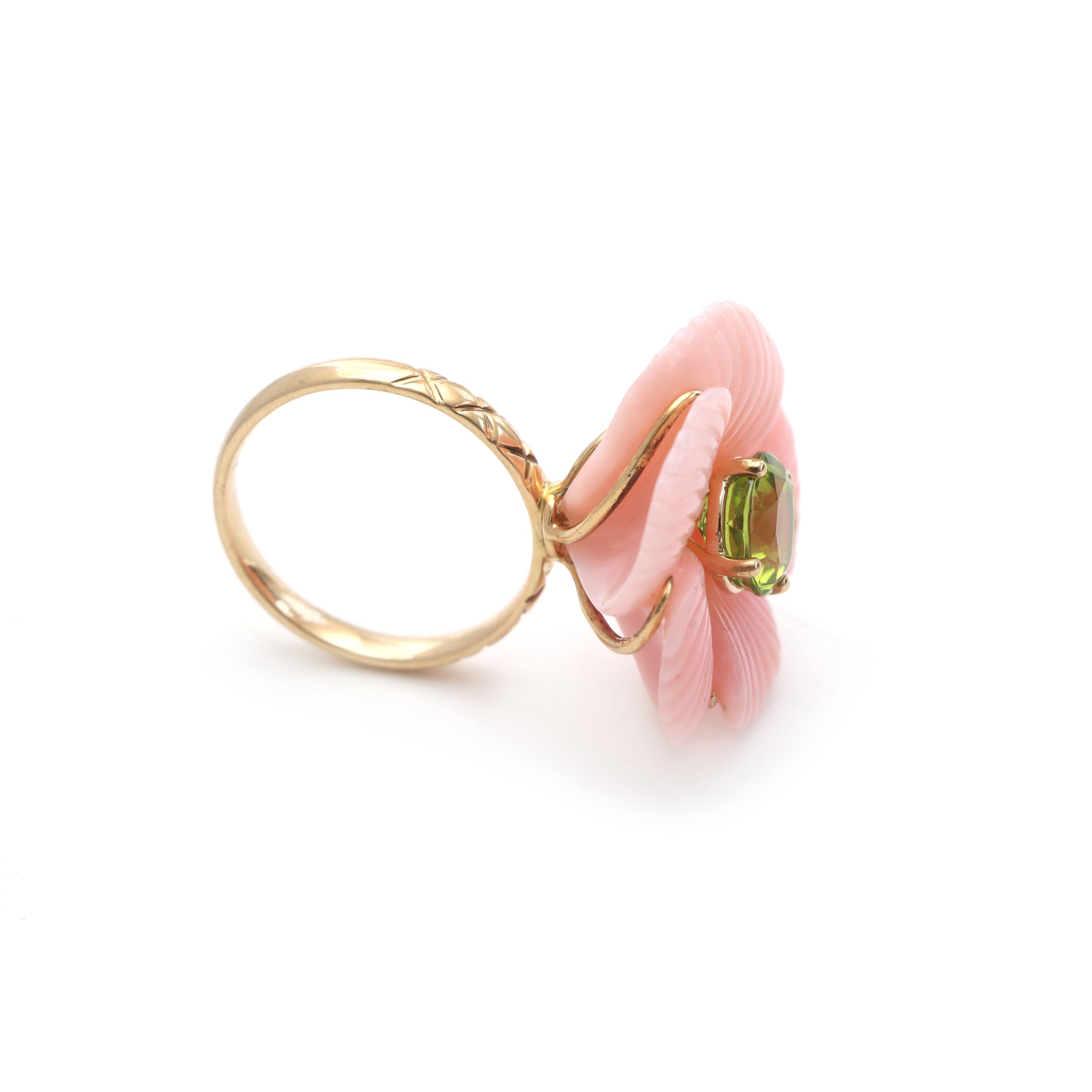 Natural Peridot Round Cut and Pink Opal Flower 14K gold ring on-hand view - NFJSD-1030