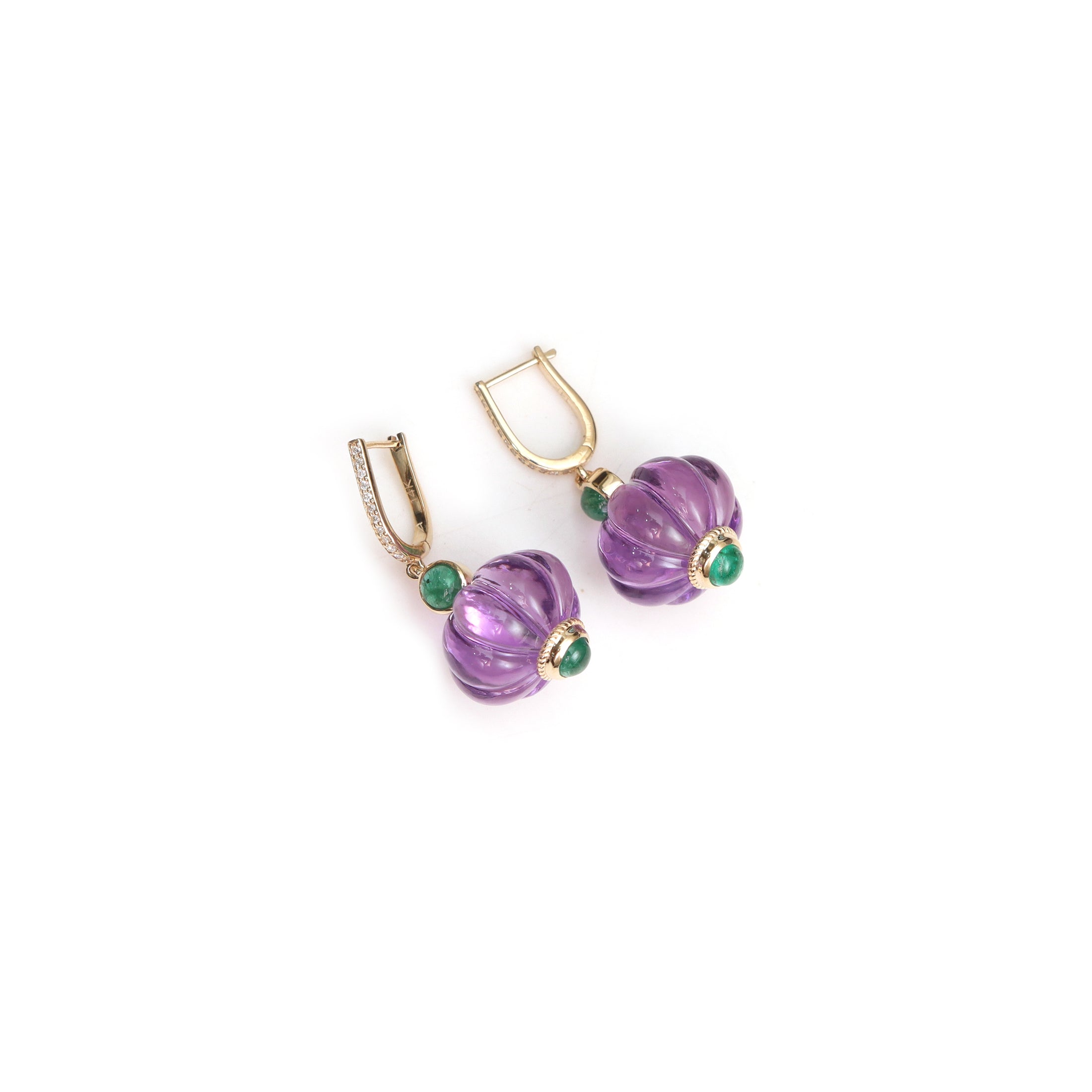 Natural Amethyst and Emerald 14K gold earrings front view - NFJSD-2027