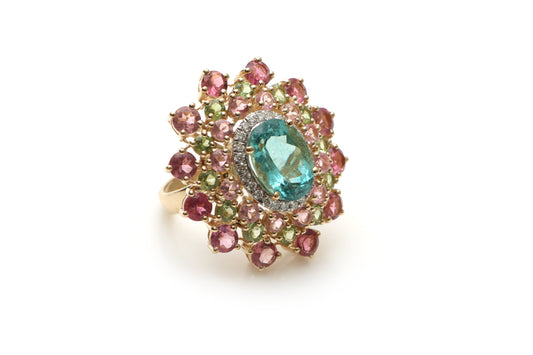 Natural Tourmaline Oval Cut and Green Tourmaline Round Cut 14K gold ring front view - NFJSD-1193