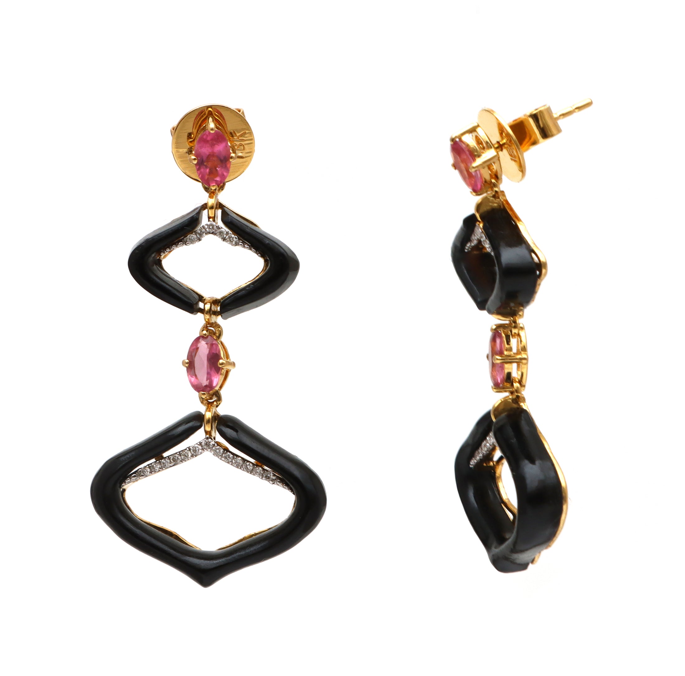 Natural Black Onyx and Tourmaline 18K gold earrings top view - NFJSD-1720