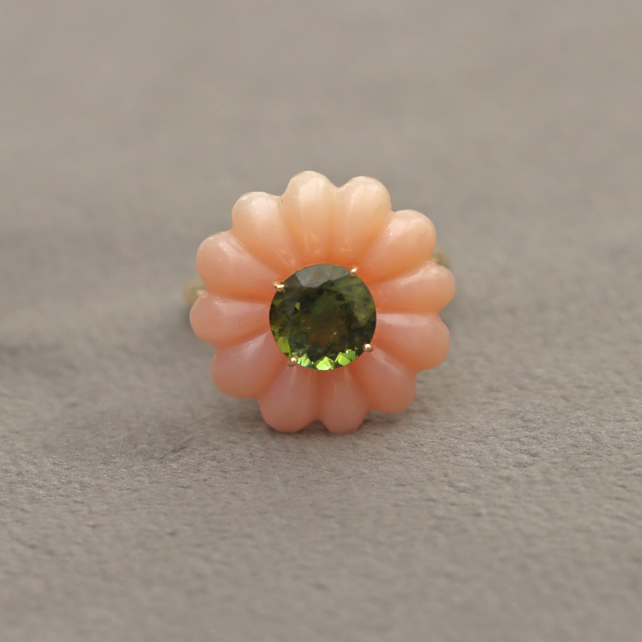 Natural Pink Opal Carving and Green Tourmaline 14K gold ring back view - NFJSD-1563