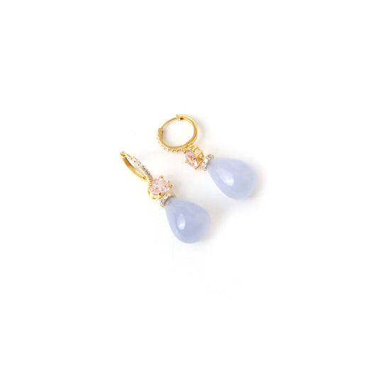 Natural Chalcedony and Pink Tourmaline 14K gold earrings side angle - NFJSD-1971