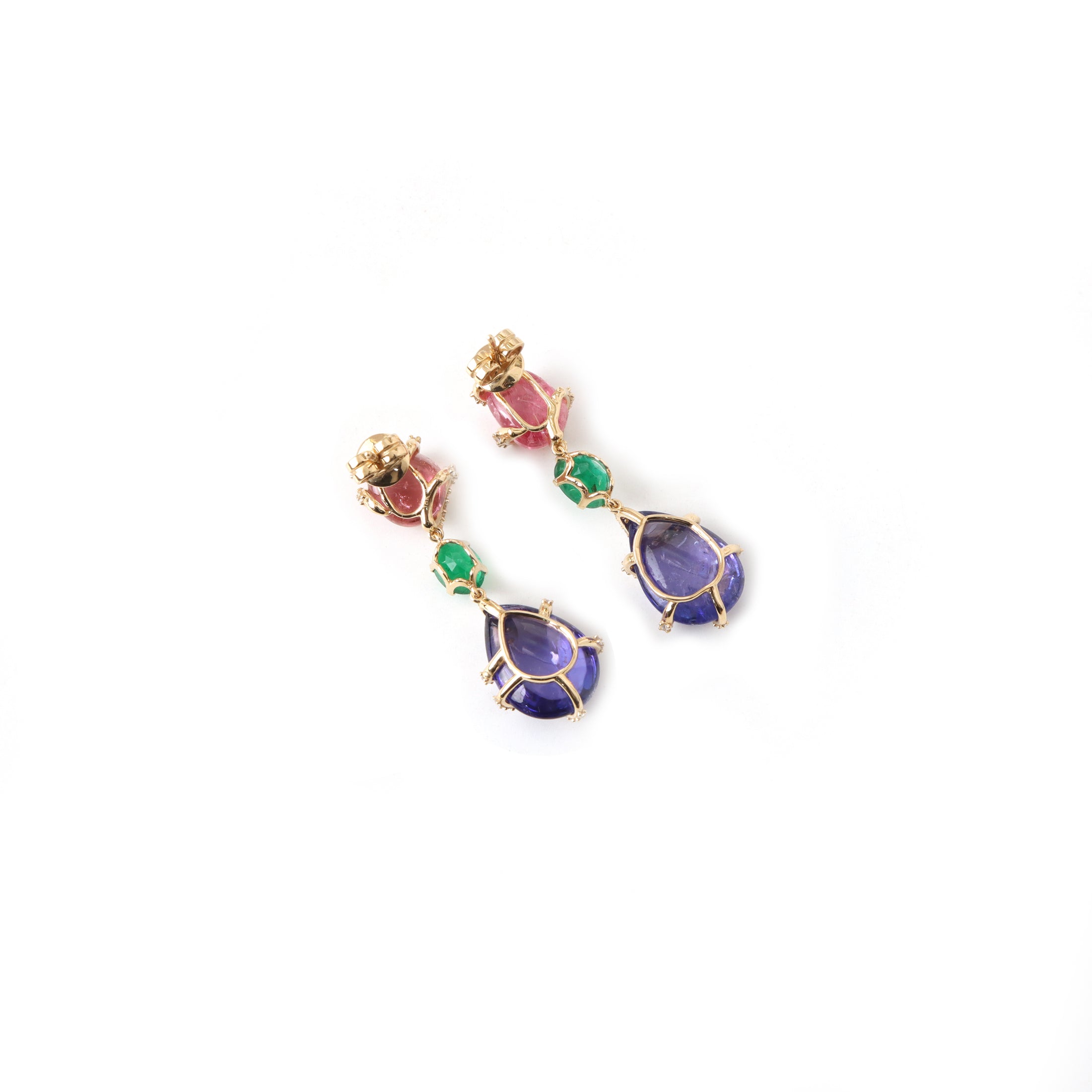 Natural Tanzanite and Tourmaline 18K gold earrings top view - NFJSD-1979