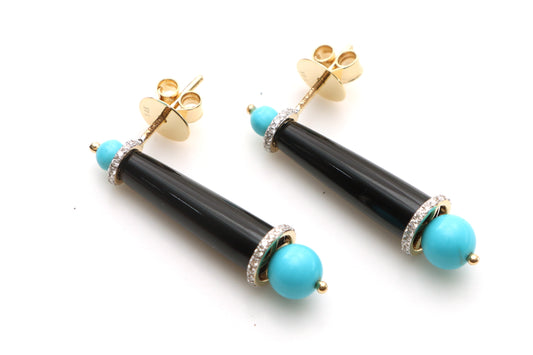 Natural Black Onyx Tube and Turquoise Smooth Balls 14K gold earrings front view - NFJSD-1289