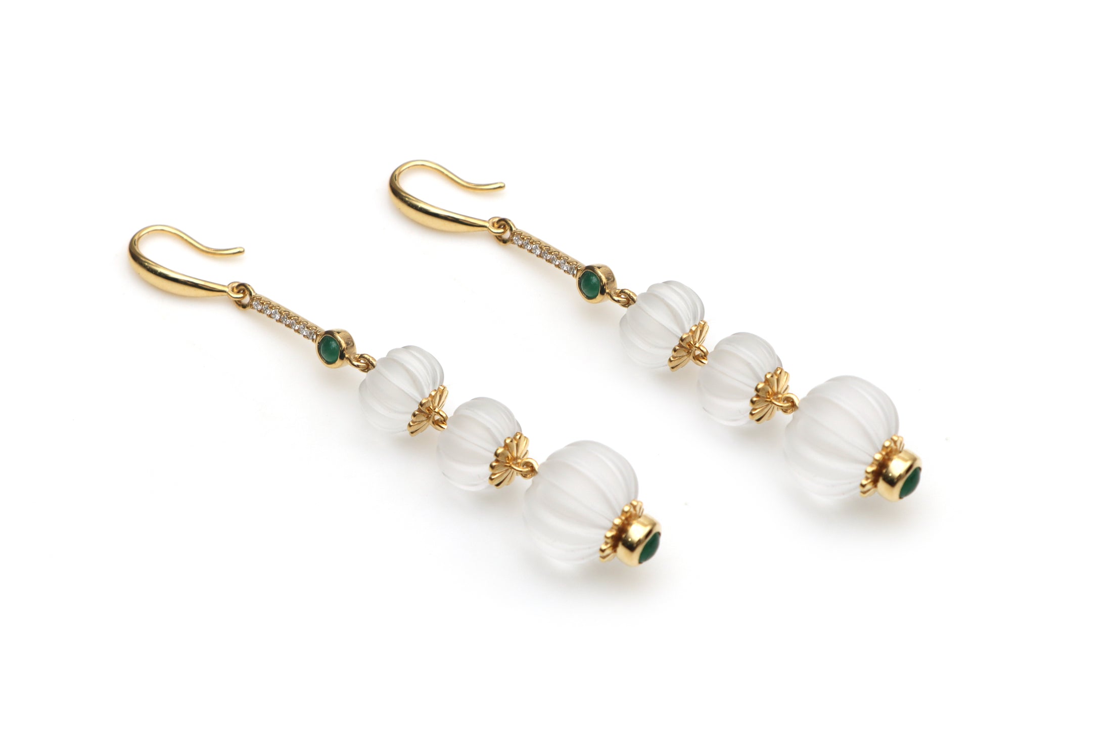 Natural Crystal Carving and Emerald 14K gold earrings front view - NFJSD-1435