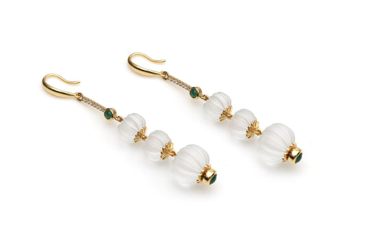 Natural Crystal Carving and Emerald 14K gold earrings front view - NFJSD-1435