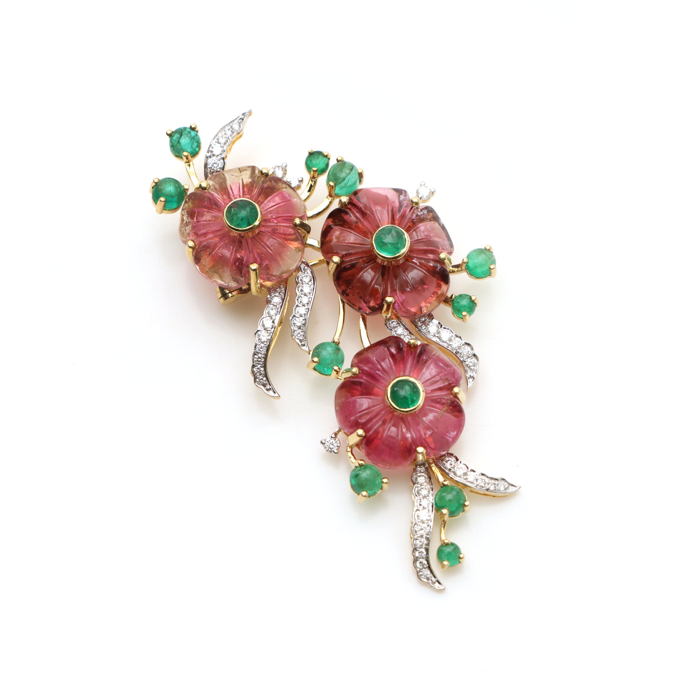 Natural Emerald Round Cabs and Tourmaline Flower Carving 14K gold brooch close-up detail - NFJSD-1239