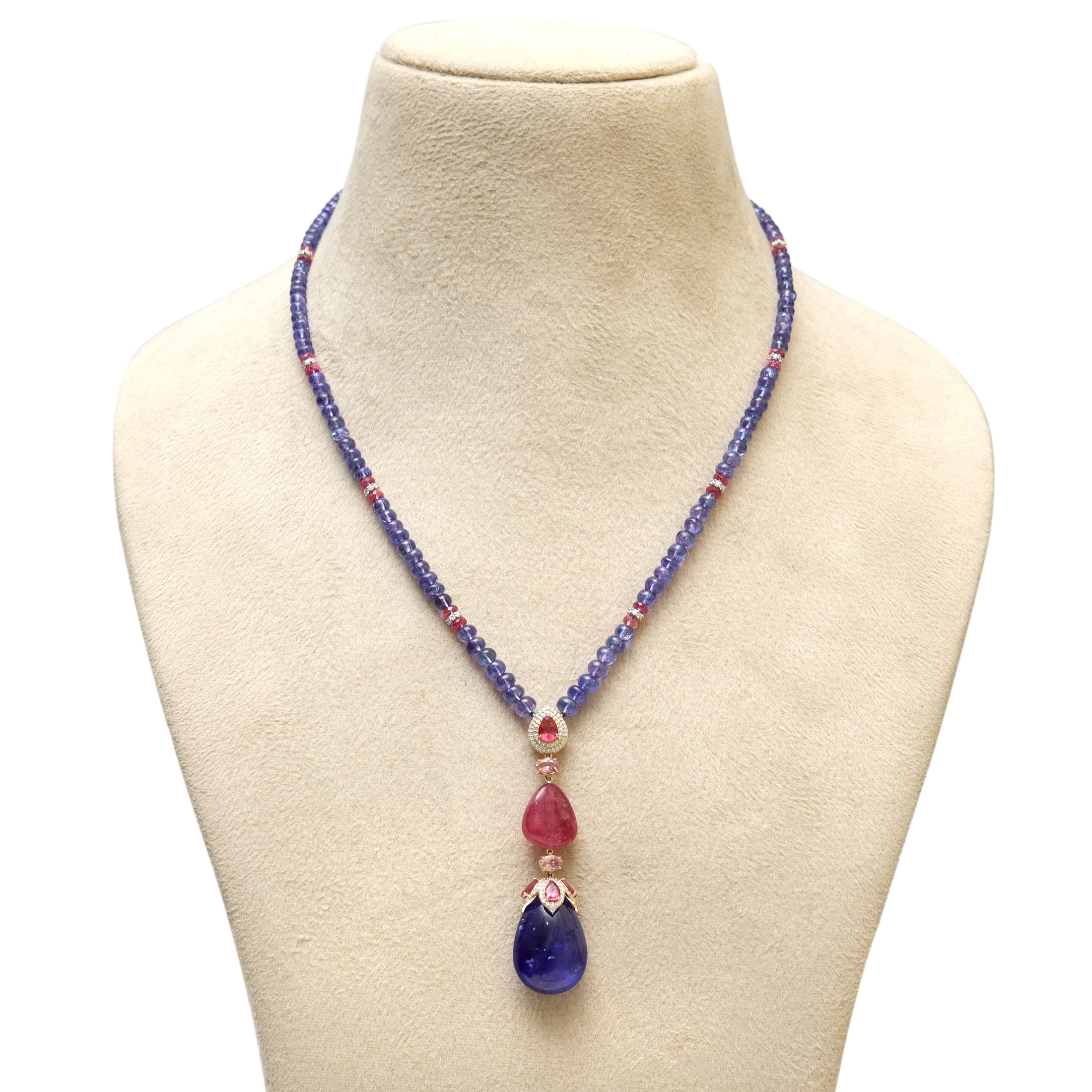 Natural Pink Tourmaline and Morganite 14K gold necklace front view - NFJSD-1992