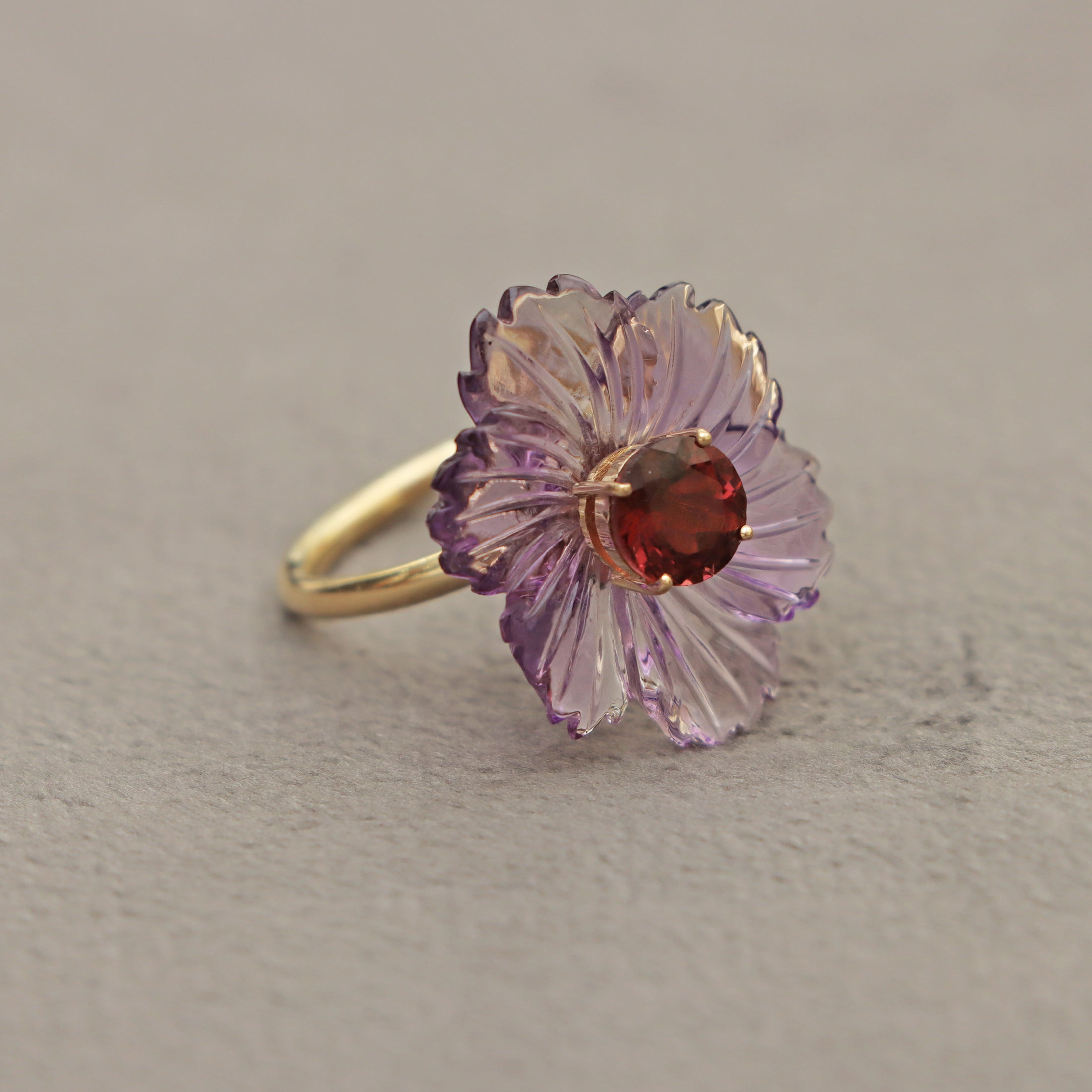 Natural Amethyst Carving and Pink Tourmaline 14K gold ring back view - NFJSD-1562