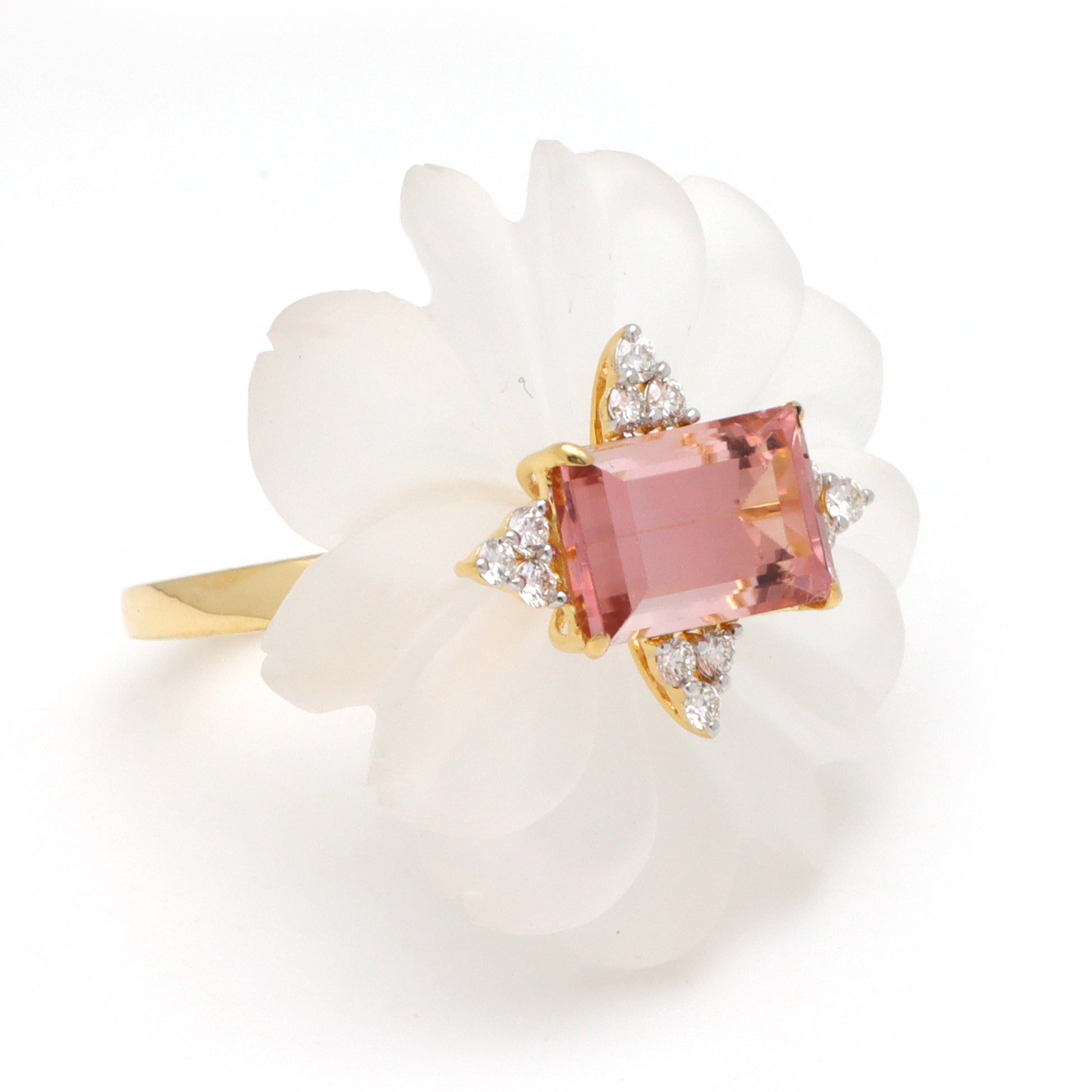 Natural Crystal Carving and Tourmaline 14K gold ring top view - NFJSD-1647