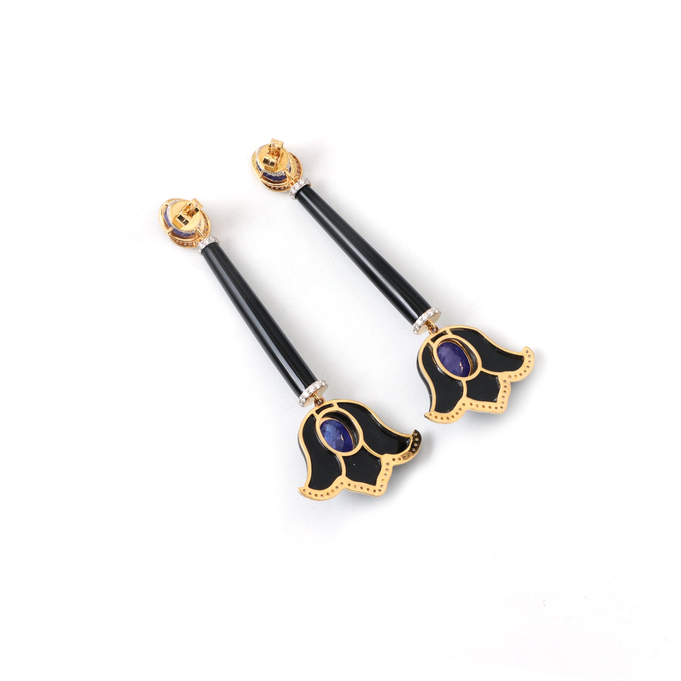 Natural Black Onyx and Tanzanite 18K gold earrings close-up detail - NFJSD-1834