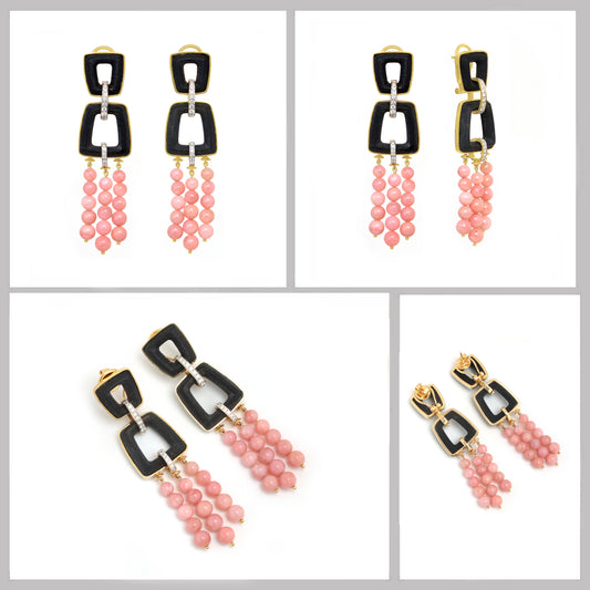 Natural Black Onyx Frame and Pink Opal Smooth Balls 18K gold earrings side angle - NFJSD-1405