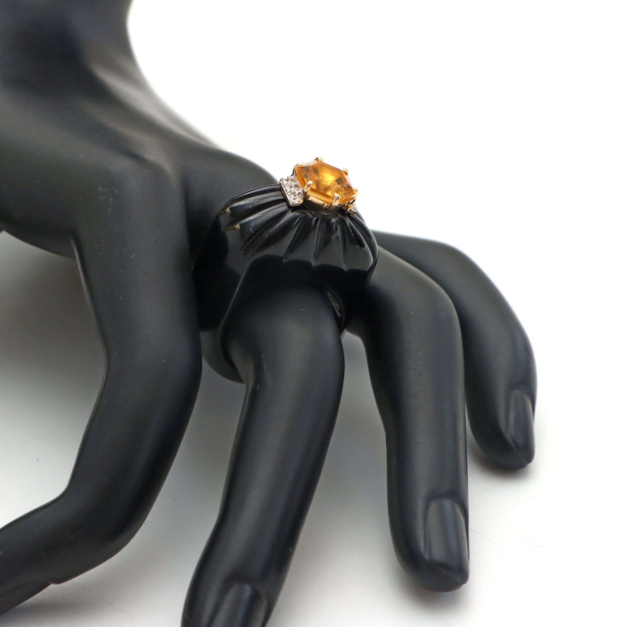 Natural Citrine Hexagon Cut and Black Onyx Carving Shank 14K gold ring back view - NFJSD-1044