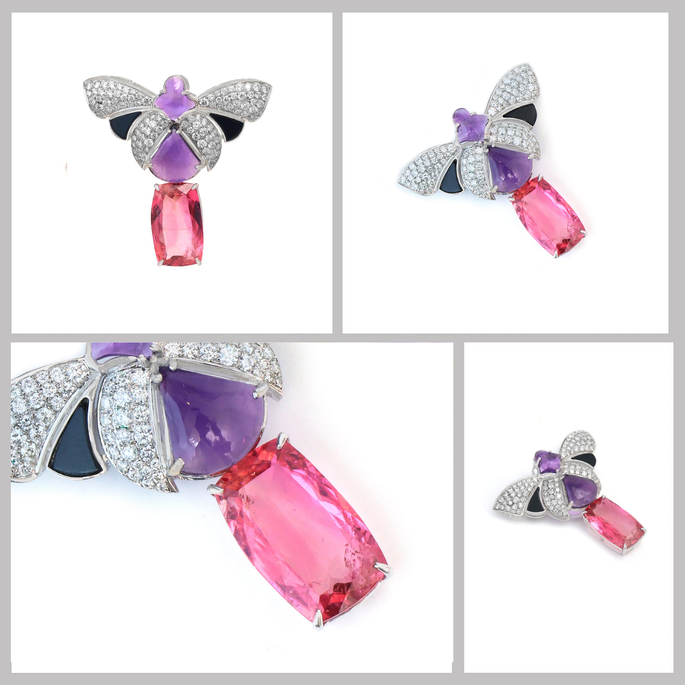 Natural Amethyst and Black Onyx 18K gold brooch top view - NFJSD-1580