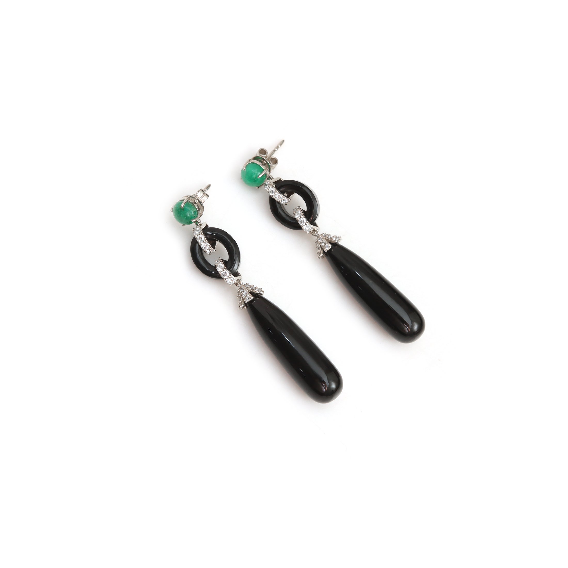 Natural Black Onyx and Emerald 14K gold earrings front view - NFJSD-2050