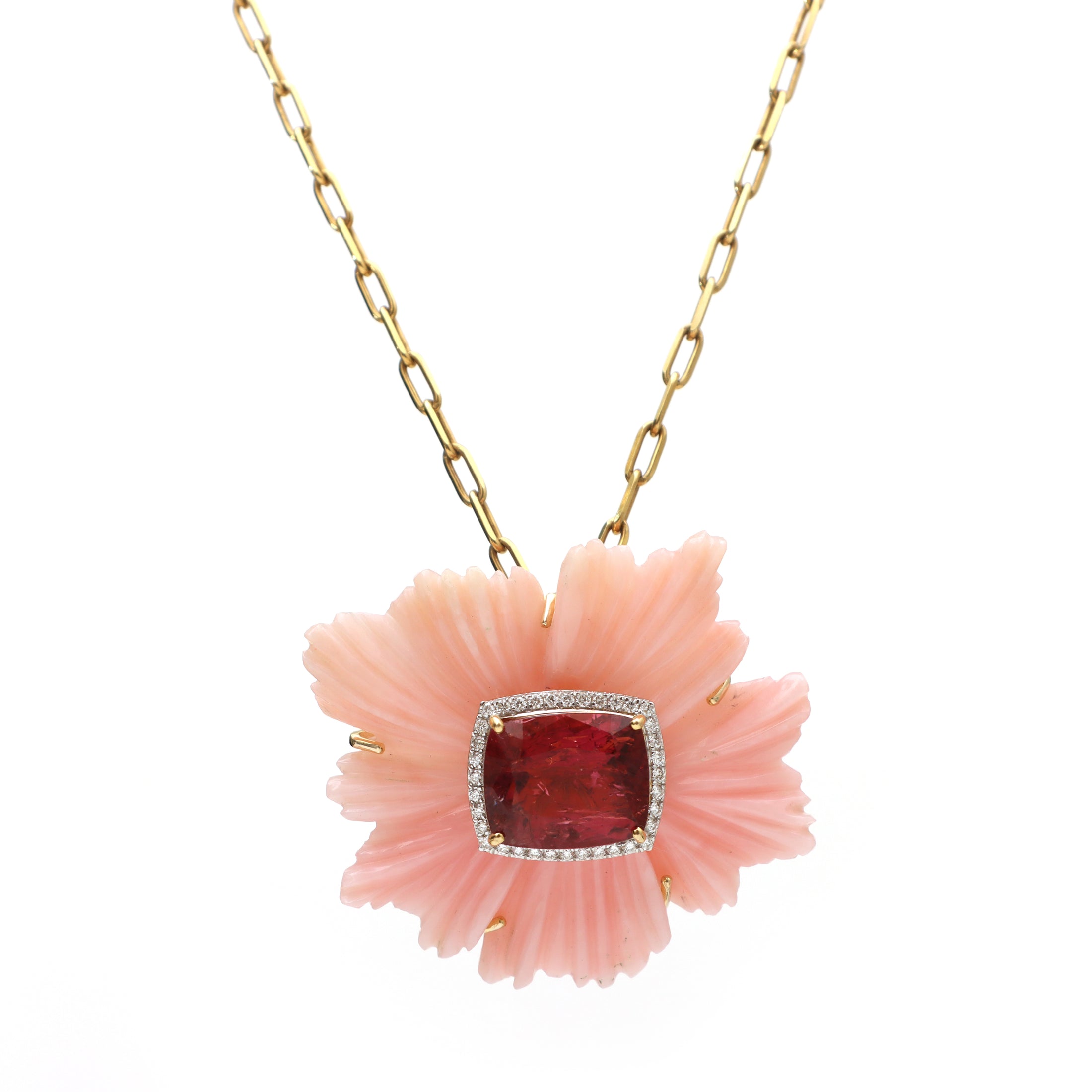 Natural Tourmaline Cushion Cut and Pink Opal Carving Flower 14K gold pendant front view - NFJSD-1283