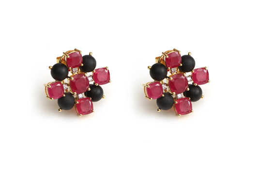 Natural Black Onyx and Ruby 14K gold earrings front view - NFJSD-1362