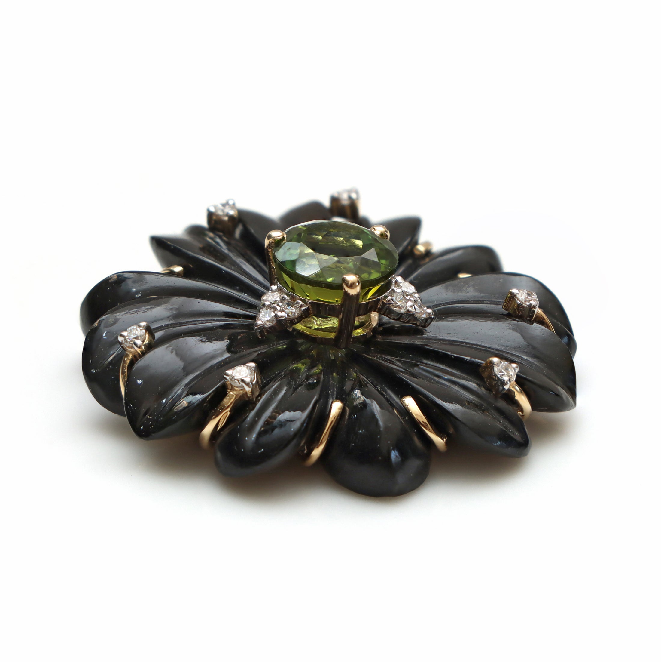 Natural Green Tourmaline Round Cut and Black Onyx Carving Flower 14K gold pendant side angle - NFJSD-1207
