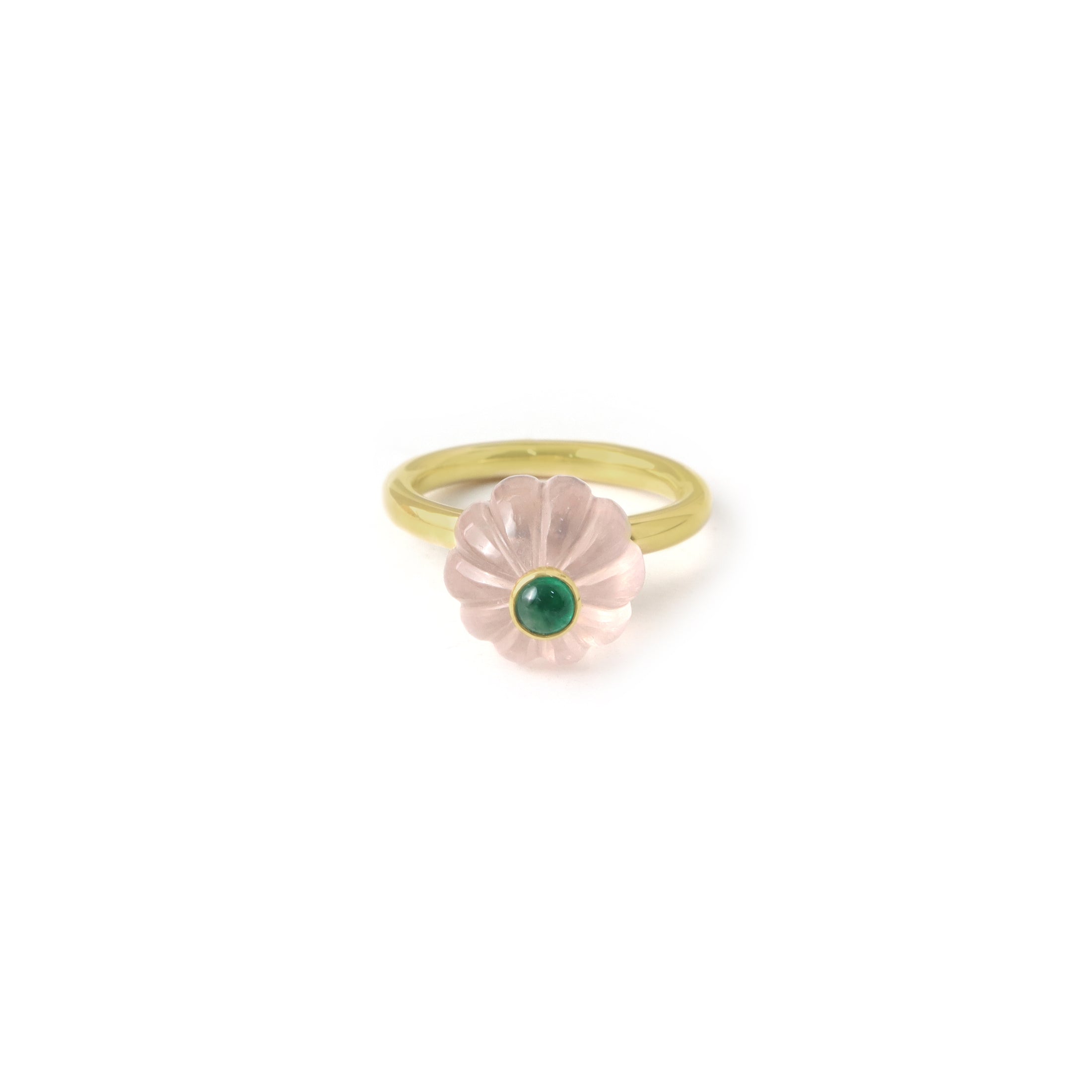 Natural Rose Quartz and Emerald 14K gold ring side angle - NFJSD-1967