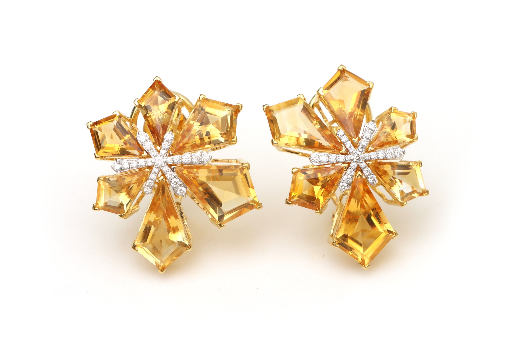 Natural Citrine kite shape cut 18K gold earrings front view - NFJSD-1388