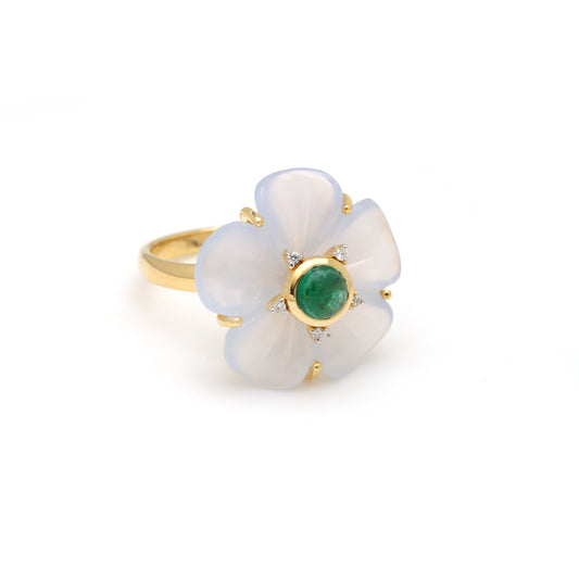 Natural Blue Chalcedony and Emerald 14K gold ring front view - NFJSD-1649
