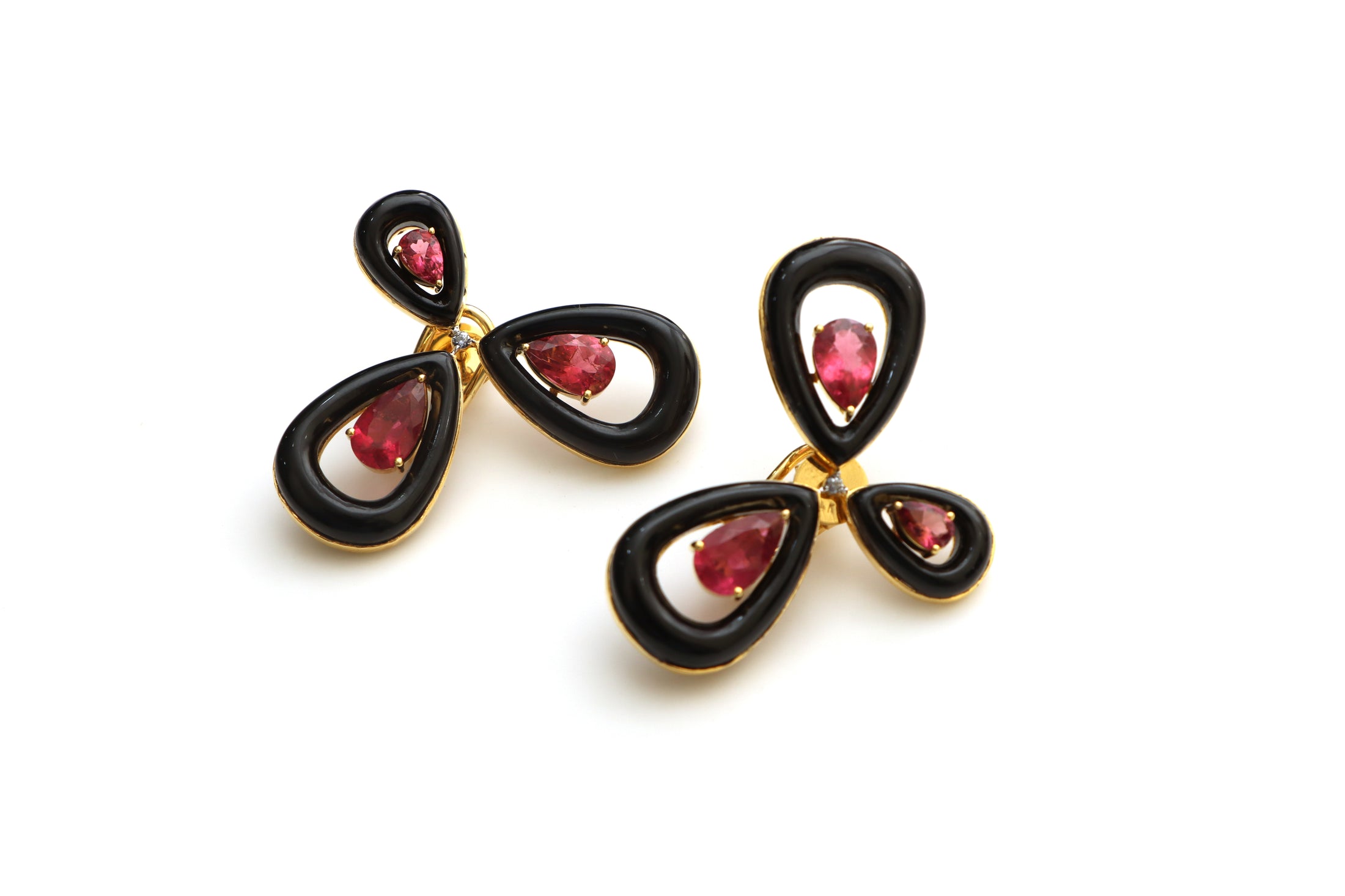 Natural Black Onyx Frame and Pink Tourmaline Oval Cut 14K gold earrings front view - NFJSD-1410