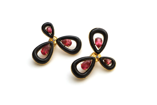 Natural Black Onyx Frame and Pink Tourmaline Oval Cut 14K gold earrings front view - NFJSD-1410