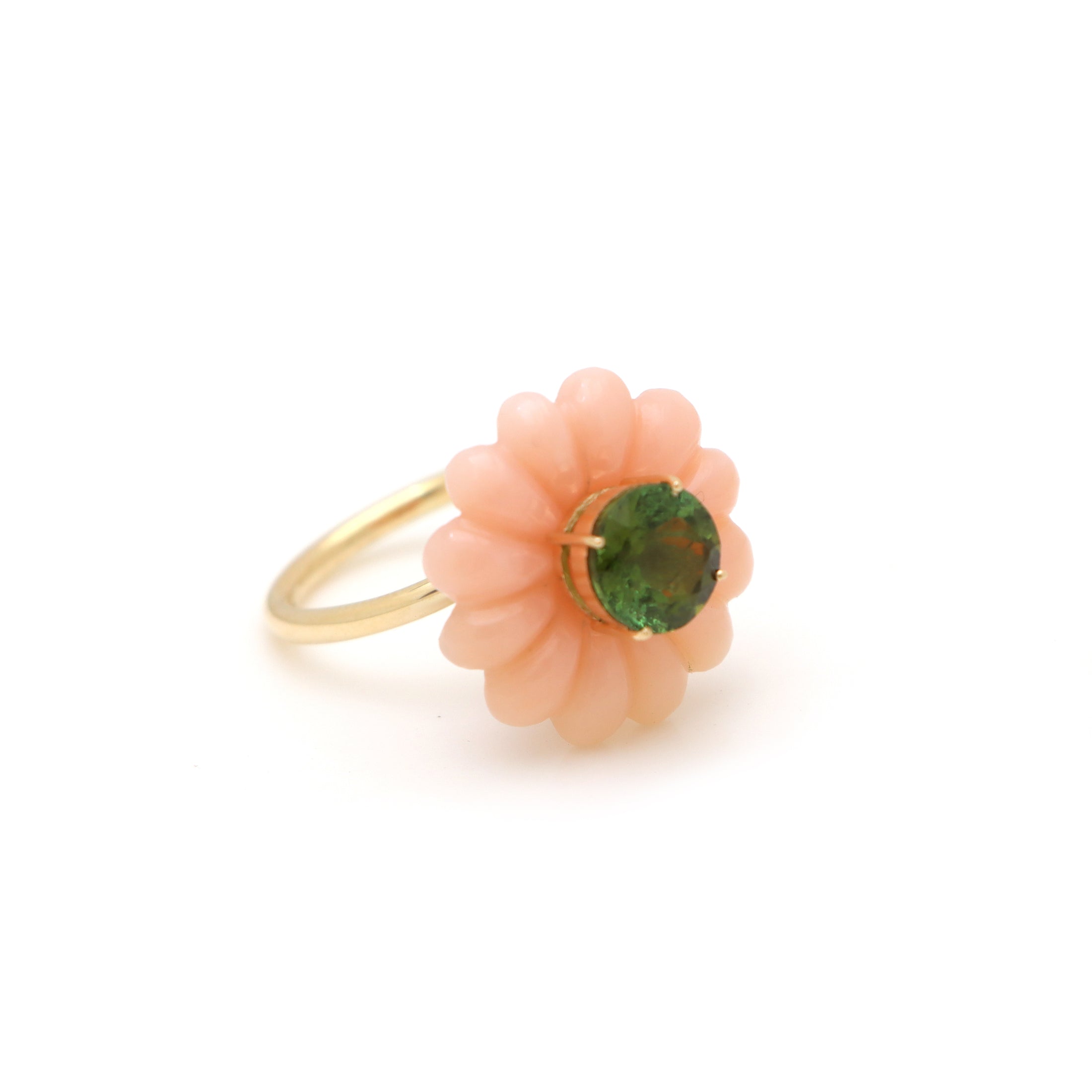 Natural Pink Opal Carving and Green Tourmaline 14K gold ring top view - NFJSD-1563