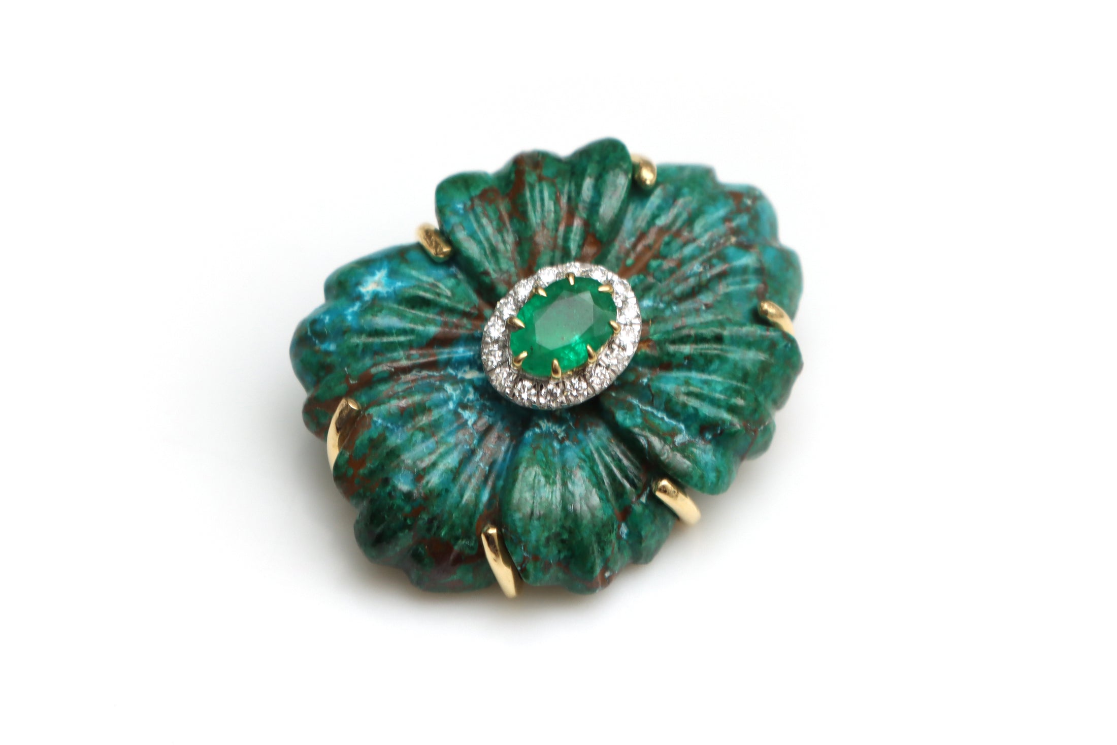 Natural Emerald Oval Cut and Chrysocolla Carving Flower 14K gold pendant front view - NFJSD-1266