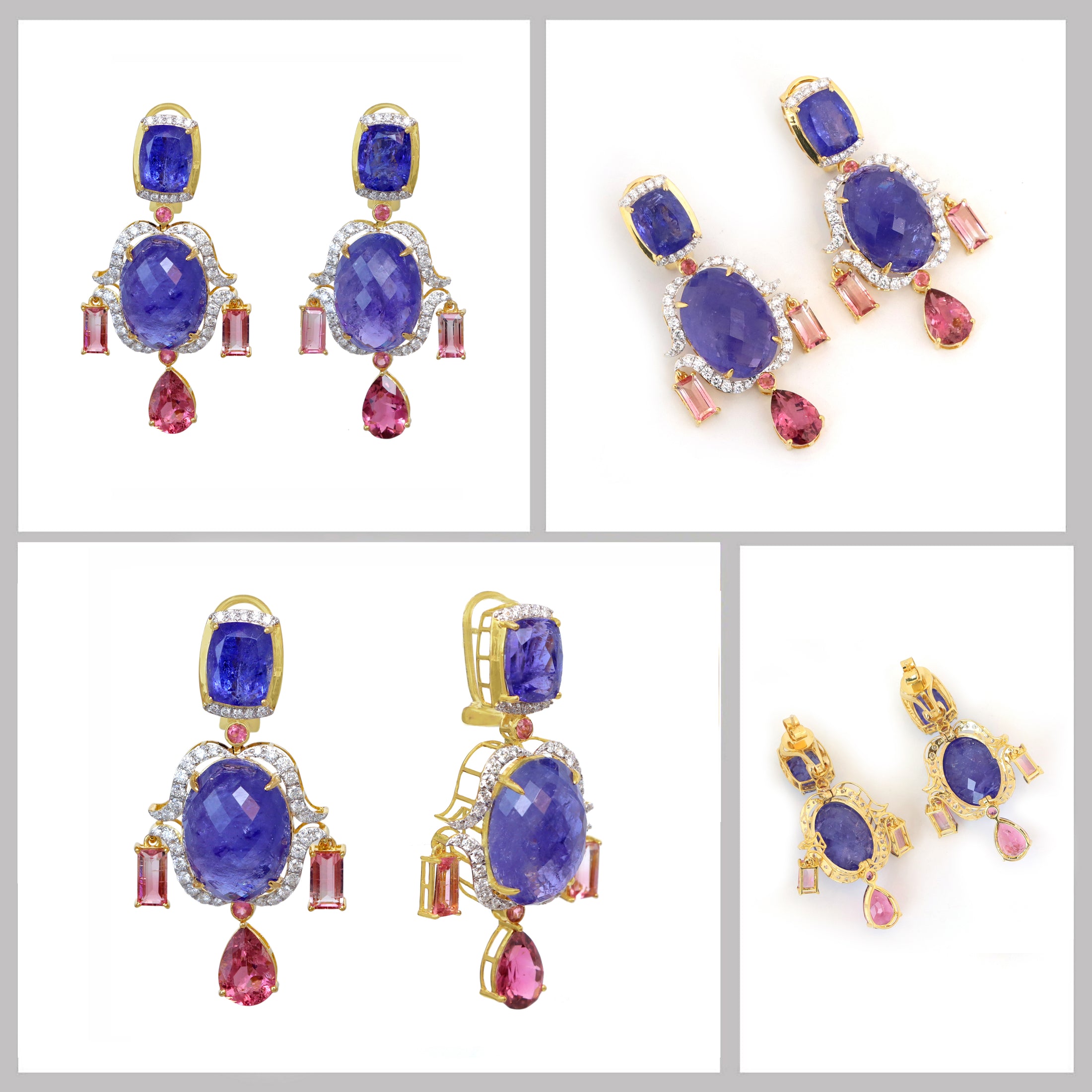 Natural Tanzanite and Tourmaline 18K gold earrings close-up detail - NFJSD-1805