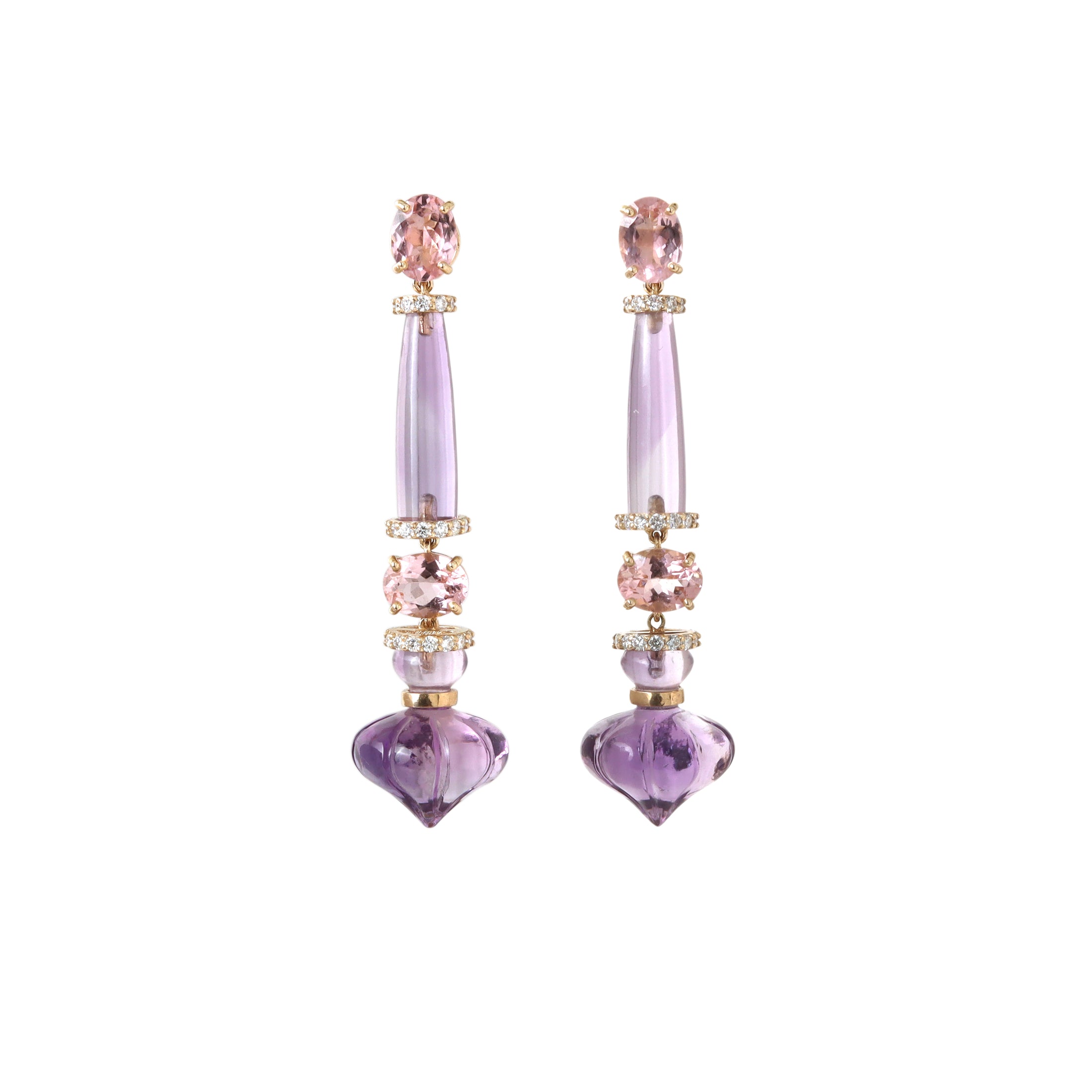 Natural Amethyst and Pink Tourmaline 14K gold earrings back view - NFJSD-1984