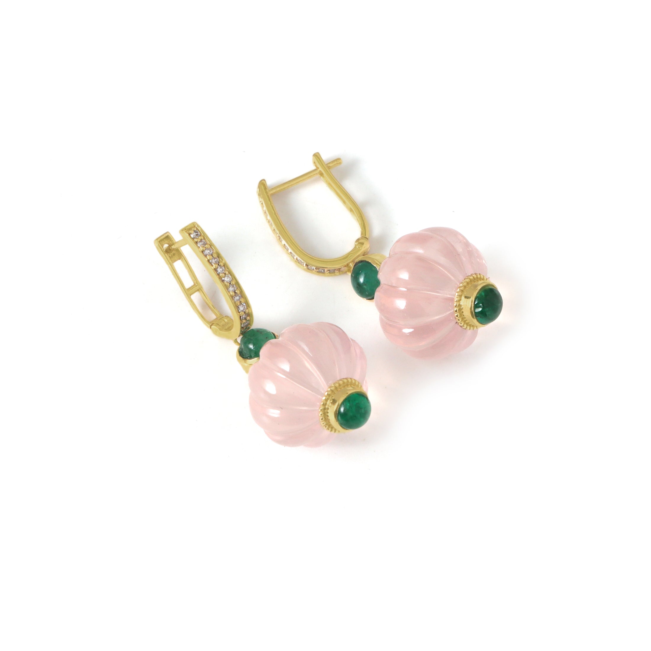 Natural Rose Quartz and Emerald 14K gold earrings top view - NFJSD-1913