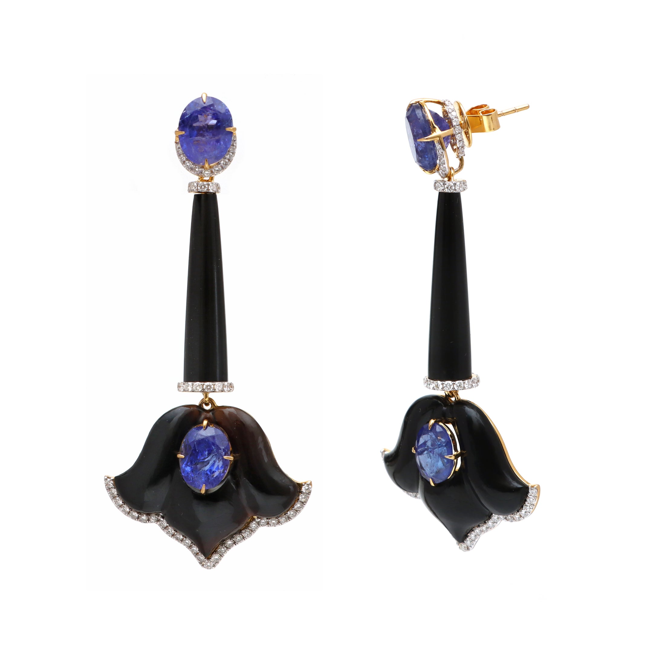 Natural Black Onyx and Tanzanite 18K gold earrings close-up detail - NFJSD-1728