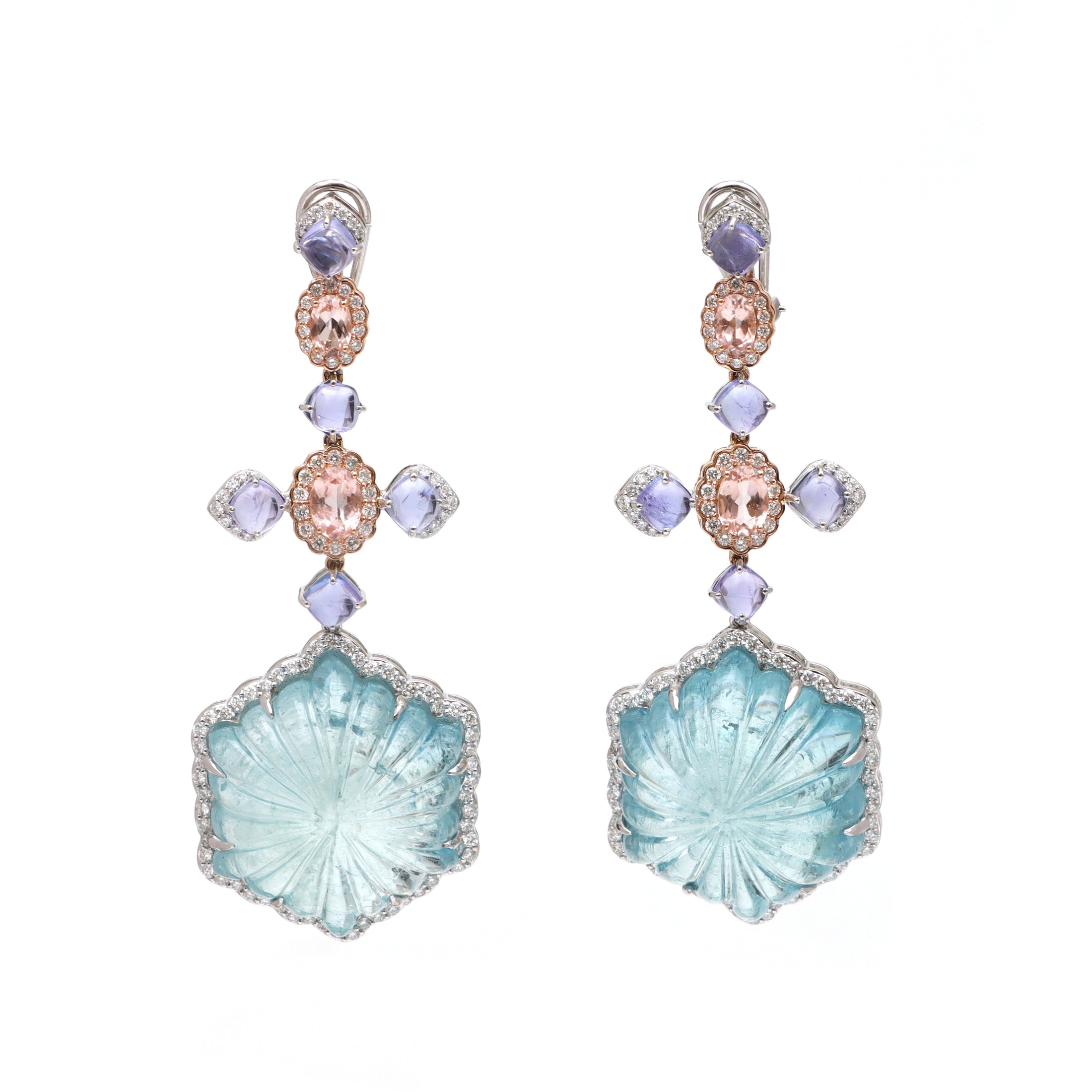 Natural Aqua and Tourmaline 18K gold earrings back view - NFJSD-1723