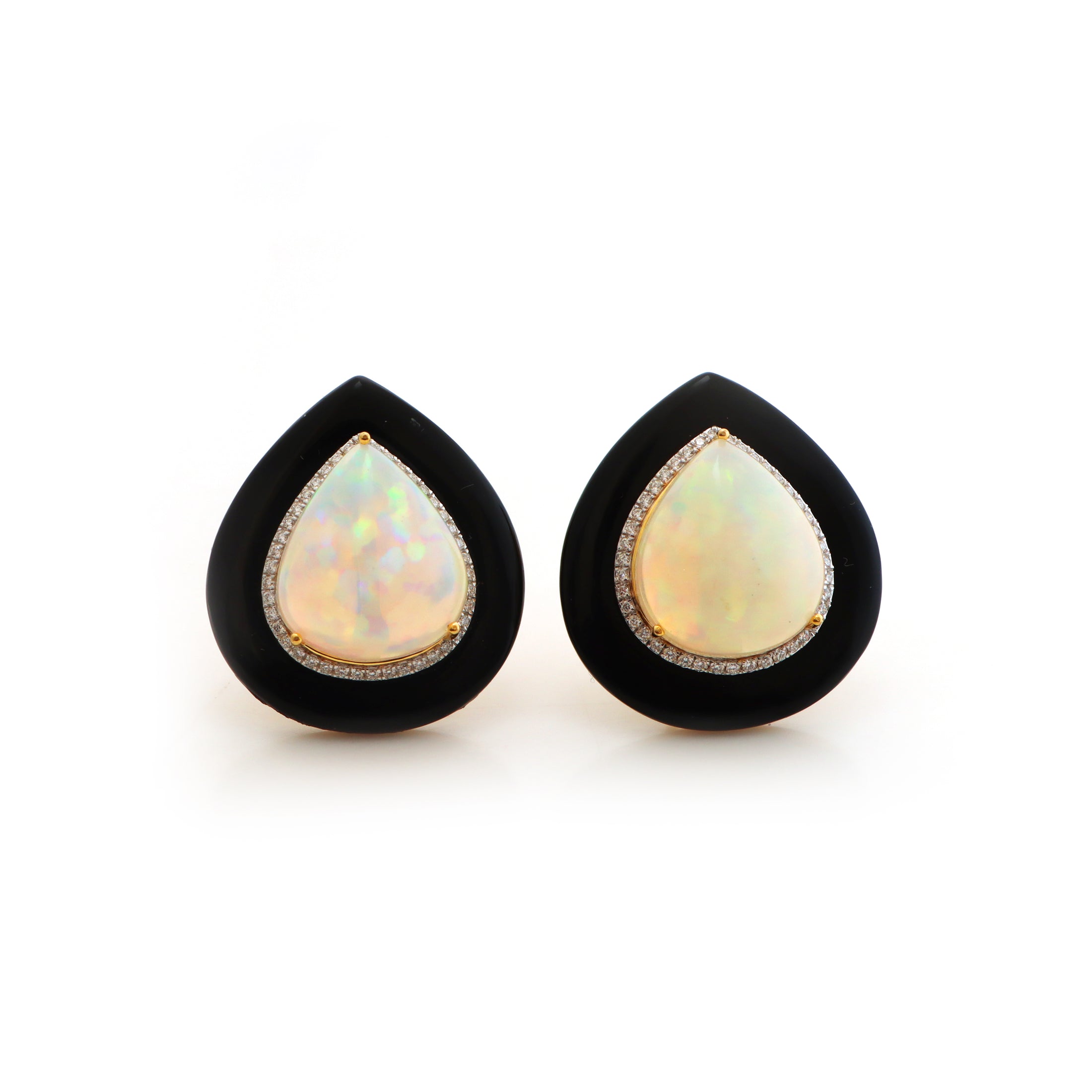 Natural Black Onyx Frame Pear and Ethiopian Opal Pear Cabs 14K gold earrings back view - NFJSD-1308