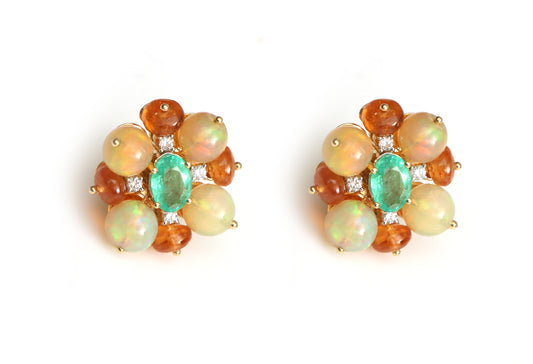 Natural Emerald Oval Cut and Ethiopian Opal Balls 14K gold earrings front view - NFJSD-1363