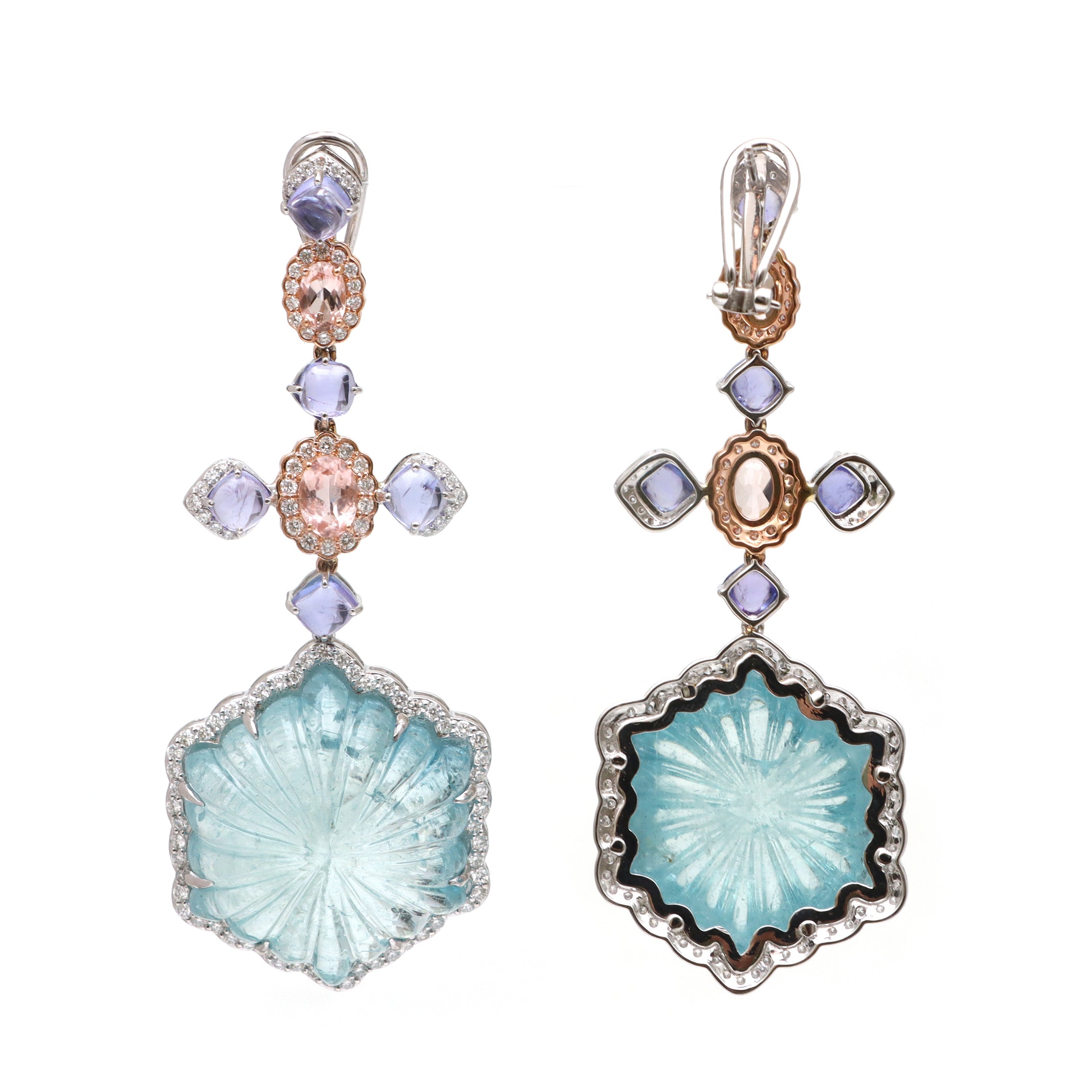 Natural Aqua and Tourmaline 18K gold earrings close-up detail - NFJSD-1723