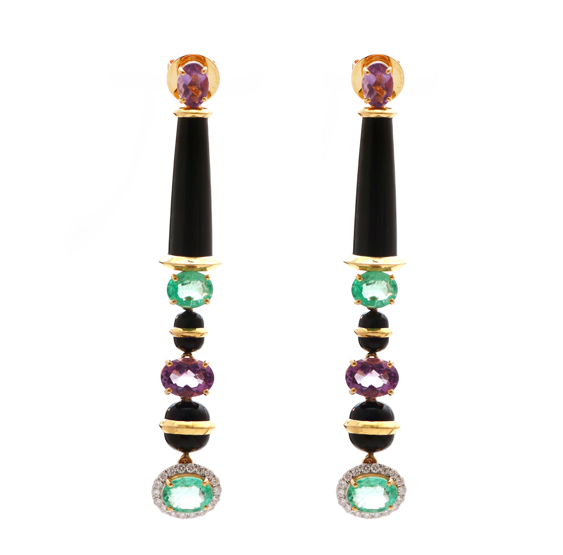 Natural Black Onyx smooth beads & Tube and Emerald Oval Cut 18K gold earrings close-up detail - NFJSD-1394