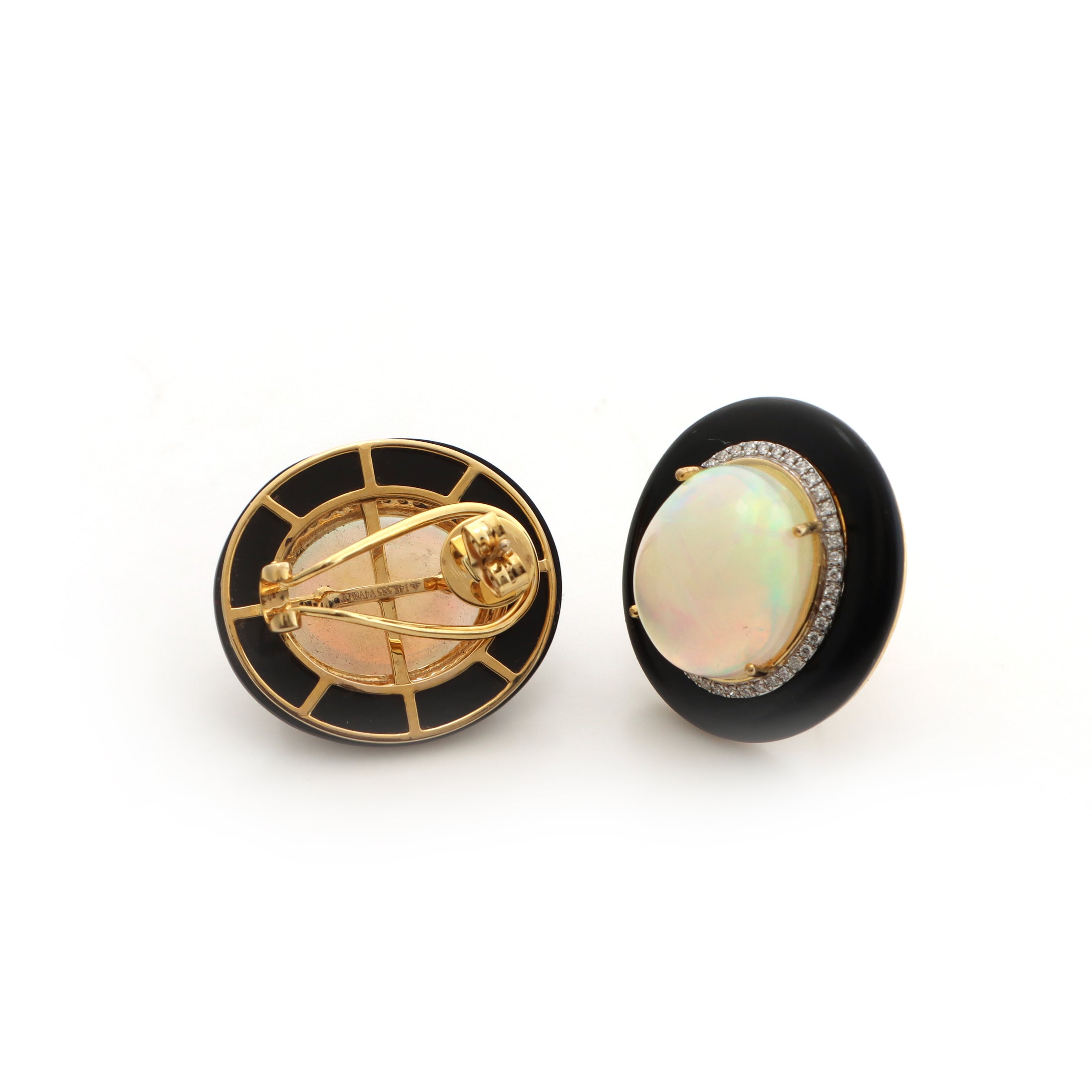 Natural Black Onyx Frame and Ethiopian Opal Oval Cabs 14K gold earrings close-up detail - NFJSD-1306