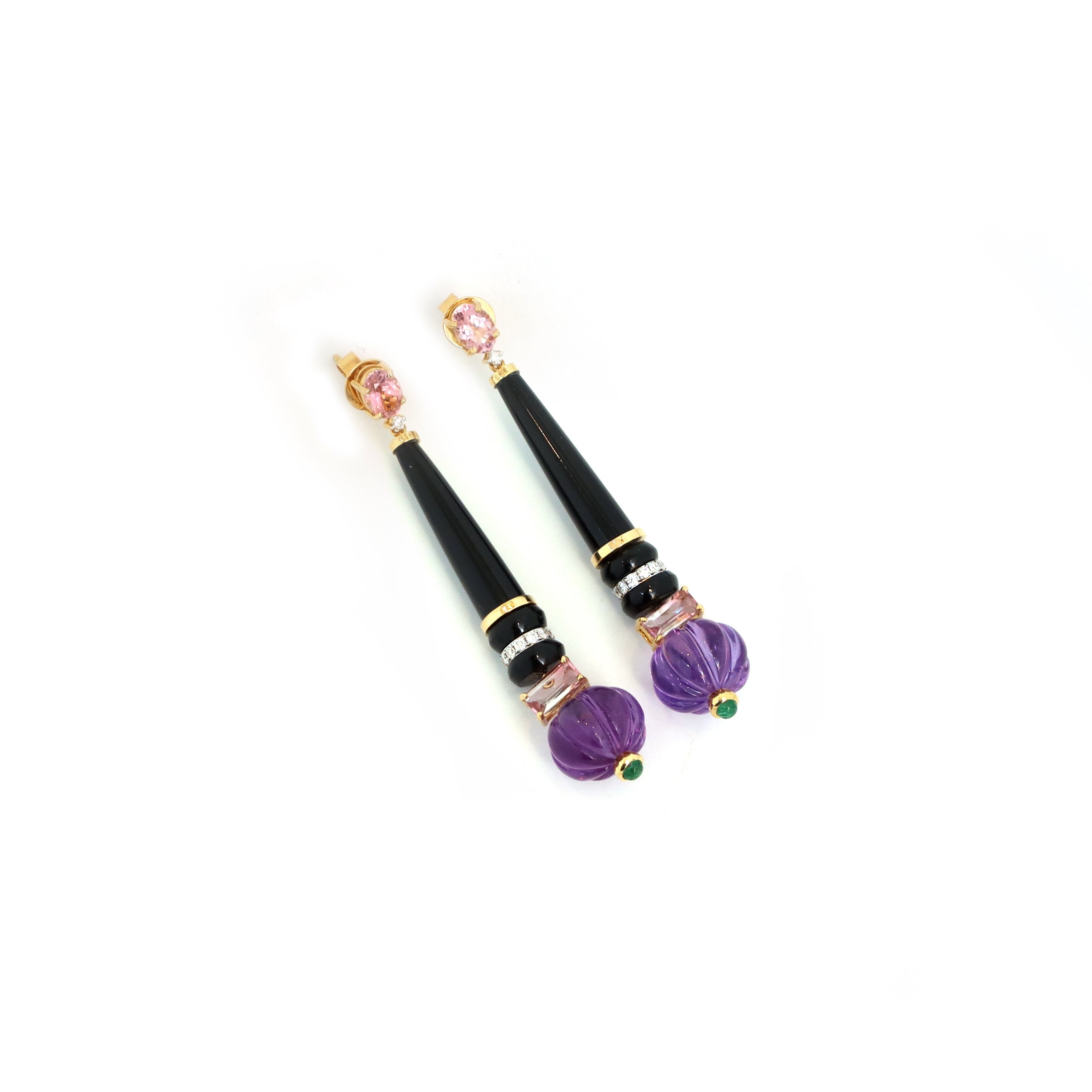 Natural Black Onyx and Amethyst 18K gold earrings back view - NFJSD-1808